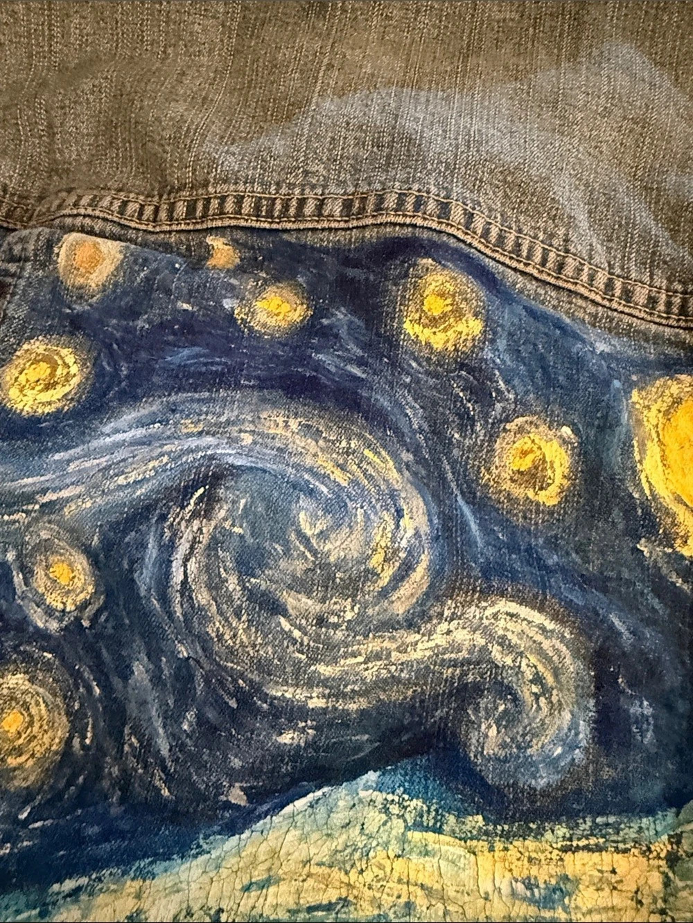 Hand painted Vincent van high starry night Jean jacket medium crop vintage 95 - Picture 3 of 8
